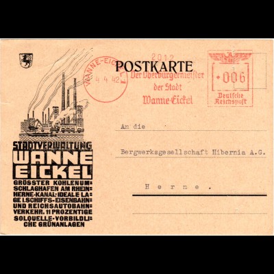 DR 1942, Absenderfreistempel Oberbürgermeister Wanne-Eickel auf schöner Karte