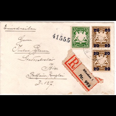 Bayern 1920, 5+2x20/3 Pf, auf kl. Orts-Einschreiben Brief v. München