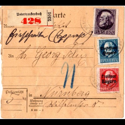 Bayern 1920, 2 Mk.+10+20 Pf. auf Reko Express Paketkarte v. Untertraubenbach