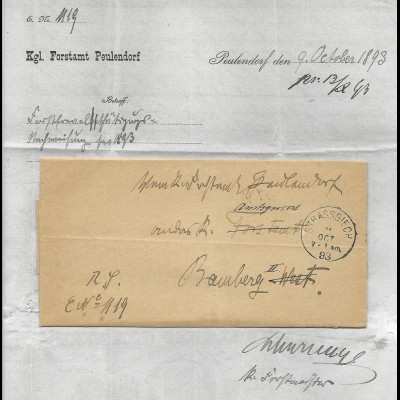 Bayern 1893, K1 Strassgiech auf Brief v. Forstamt Peulendorf n. Bamberg. #643