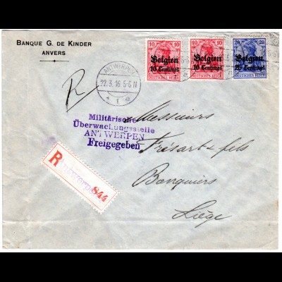 Belgien 1916, 20+2x10 C. auf Brief m. eingestempeltem Reko-Zettel v. Antwerpen 