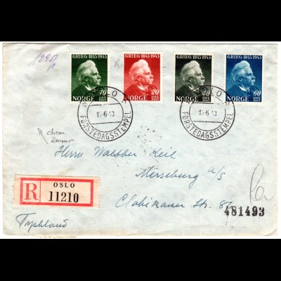 Norwegen 1943, Grieg, kpl. Ausgabe auf Reko FDC nach Deutschland