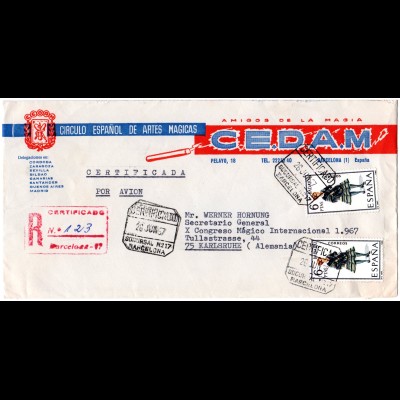 Spanien 1967, illustrierter CEDAM Zauberer Umschlag v. Barcelona m. 2x P.