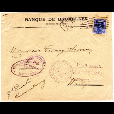 Belgien 1917, 20 Pf. auf Brief m. u.a. BANK ZENSUR v. Brüssel n. Luxemburg 