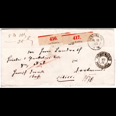 Preussen 1865, KL2 ARNSBERG auf Begleit Brief n. Dortmund m. 2 Paketzetteln