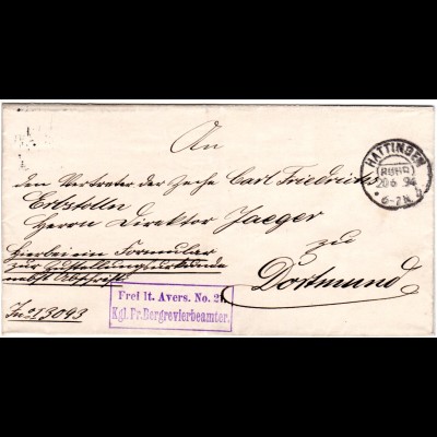 DR 1894, Frei lt. Avers No.21 Kgl. Pr. Bergrevierbeamter, Brief v. Hattingen