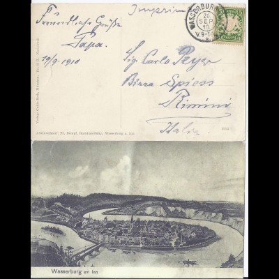 Bayern 1910, Wasserburg R, Reservestempel auf AK m. 5 Pf. n. Italien. #2248