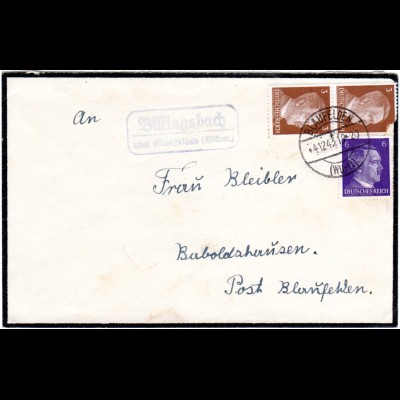 DR 1943, Landpost Stpl. BILLINGSBACH über Blaufelden auf Brief m. 6+2x3 Pf.