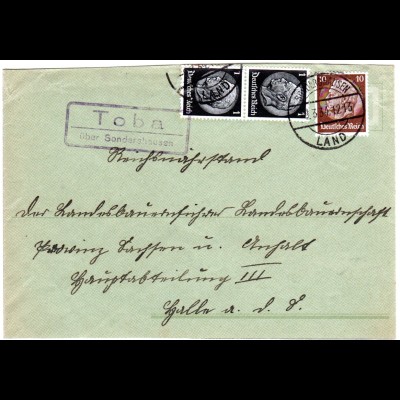 DR 1934, Landpost Stpl. TOBA über Sondershausen auf Brief m. 10+2x1 Pf.
