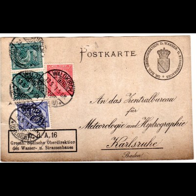 DR 1921, 10+20+2x5 Pf. Dienst auf Frei d. Ablösung Karte v. Waldkirch