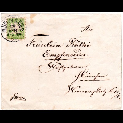 Bayern 1884, 3 Pf auf Brief m. K1 München VIII2, Haidhausen Filile Maximilianstr