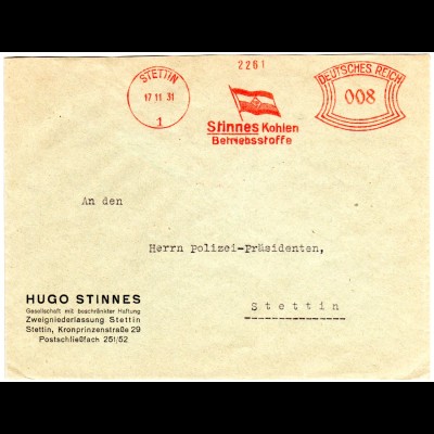 DR 1931, 8 Pf. AFS Stinnes Kohlen Betriebsstoffe auf Orts-Brief v. Stettin