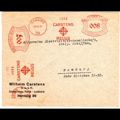 DR 1931, 7+8 Pf. AFS Carstens + Relius auf Firmen Orts-Brief v. Hamburg