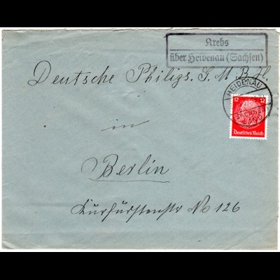 DR 1939, Landpost Stpl. KREBS über Heidenau (Sachsen) auf Brief m. 12 Pfg. 