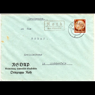 DR 1940, Landpoststpl. ROTH über Lichtenfels auf NSDAP Drucksache Brief m. 3 Pf.