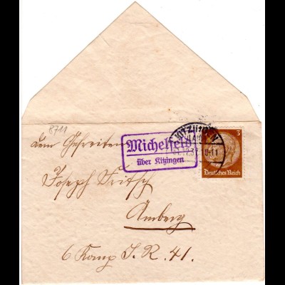 DR 1937, Landpoststpl. MICHELFELD über Kitzingen auf Drucksache Brief m. 3 Pf.