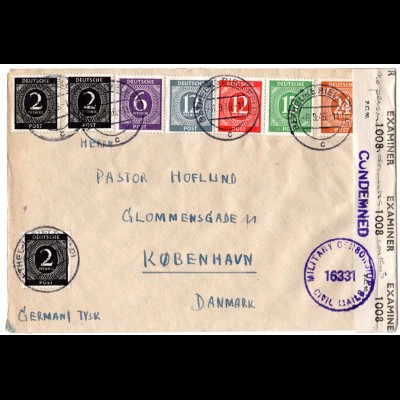 1946, selt. Zensur-L1 CONDEMNED auf Brief m. 8 Marken v. Bethel Bielefeld n. DK