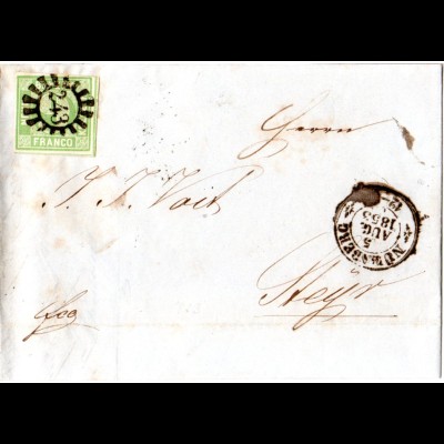 Bayern 1853, breitrandige 9 Kr. auf Brief m. MR 243 v. Nürnberg n. Österreich