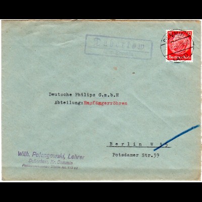DR 1939, Landpost Stpl. DABERKOW über Demmin auf Brief m. 12 Pf.