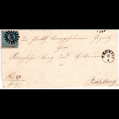 Bayern, MR 261 u. Fingerhutstpl. PEGNITZ auf Briefteil m. breitrandiger 3 Kr.