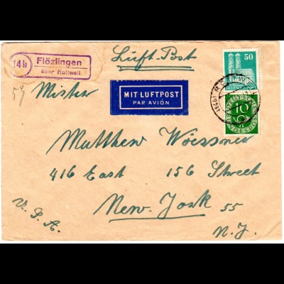 BRD 1952, Landpost Stpl. 14b FLÖZLINGEN über Rottweil auf Luftpost Brief n. USA