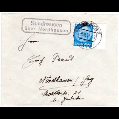 DR 1933, Landpoststpl. SUNDHAUSEN über Nordhausen auf Brief m. 4 Pf