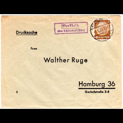 DR 1939, Landpoststpl. WERKLEITZ über Schönebeck (Elbe) auf Brief m. 3 Pf