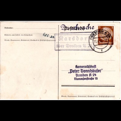 DR 1940, Landpost Stpl. KARSDORF über Dresden A 28 auf Drucksache-Karte m. 3 Pf