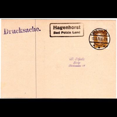 DR 1930, Landpost Stpl. HAGENHORST Bad Polzin Land auf Drucksache-Karte m. 3 Pf.