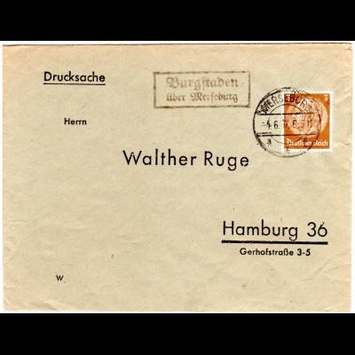 DR 1937, Landpost Stpl. BURGSTADEN über Merseburg auf Drucksache-Brief m. 3 Pf