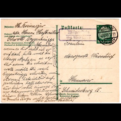 DR 1933, Landpost Stpl. WISPENSTEIN über Alfeld (Leine) auf 6 Pf. Ganzsache