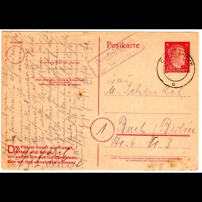 DR 1945, Landpoststpl. HENKENHAGEN über Cammin, späte Karte vom 27. Feb. 1945! 