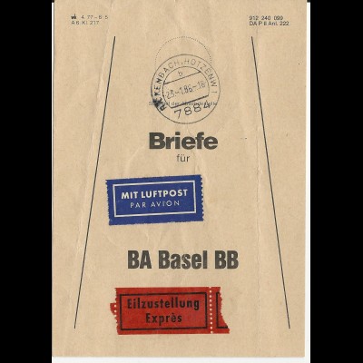 BRD 1986, Brief Bund Fahne f. Luftpost Express Briefe v Rickenbach i.d. Schweiz 