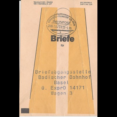 BRD 1986, Brief Bund Fahne m. Bahnpost Nürnberg Frankfurt i.d. Schweiz 