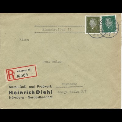 DR 1929, 8+30 Pf. auf Orts Einschreiben Brief v. Nürnberg