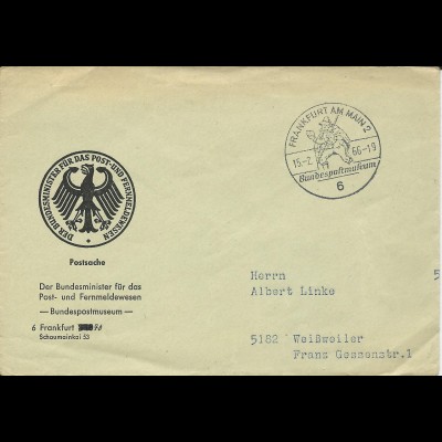 BRD 1966, portofreier Postsache Brief m. Sonderstempel Postmuseum Frankfurt