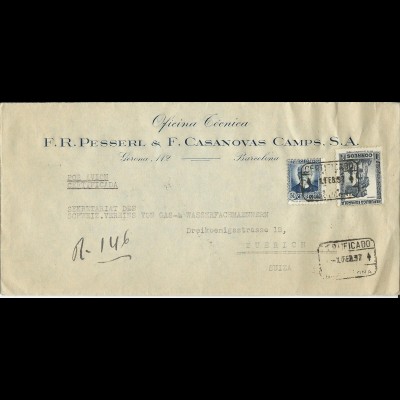 Spanien 1937, Luftpost Einschreiben Brief v. Barcelona i.d. Schweiz