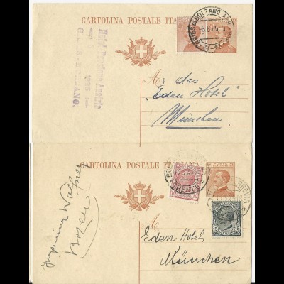 Italien 1925, Gries / Bozen, 2 Ganzsache m. Zusatzfrankaturen n. München