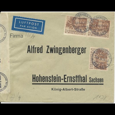 Schweden 1941, MeF 3x15 öre auf Luftpost Zensur Brief v. Stockholm n. Sachsen.
