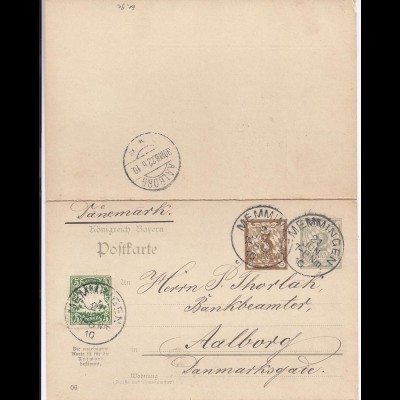 Bayern 1910, Doppelkte. m. Zusatzfr., Brief Stpl. Memmingen n. Dänemark. (#266)