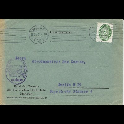 DR 1930, EF 5 Pf. Dienst auf Drucksache Brief Bayer. Techn. Hochschule München.