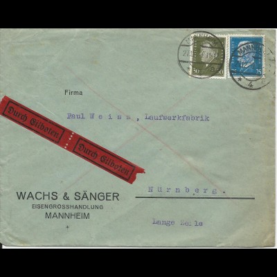 DR 1929, 25+30 Pf. auf Firmen Eilboten Brief v. Mannheim n. Nürnberg.
