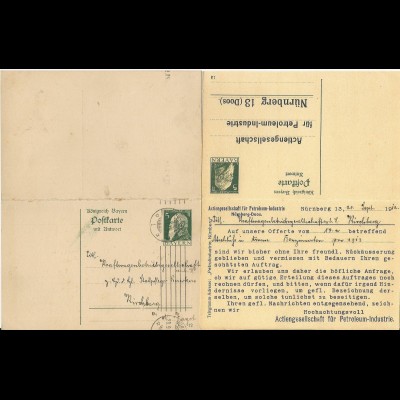 Bayern 1912, gebr. 5 Pf. Doppel Ganzsache m. Petroleum Firmenzudruck. #1290