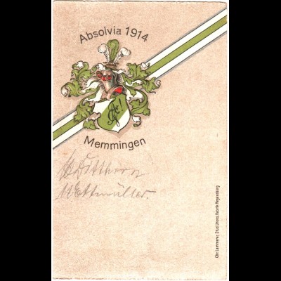 Memmingen, Absolvia 1914, gebr. Präge-Farb-AK m. Unterschriften.