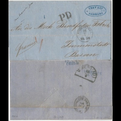 Hamburg 1865, Brief über Bahnpost Cöln u. Belgien n. Immenstadt, Bayern!