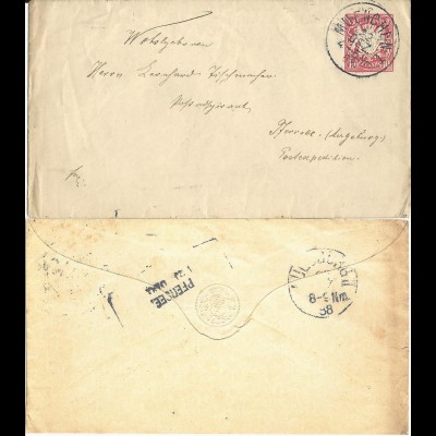 Bayern 1888, L2 Pfersee, Aushilfstpl. rückseitig auf 10 Pf. Ganzsache Brief 