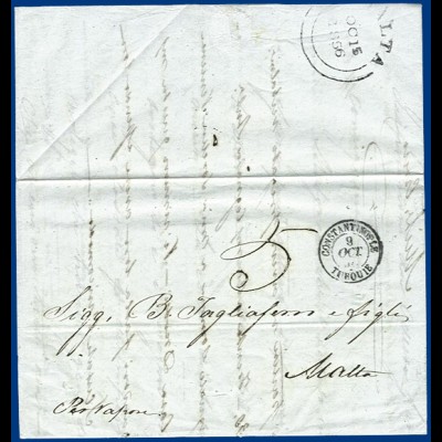 Türkei 1856, K2 Constantinople auf Schiffs Brief aus Russland nach Malta. #S622