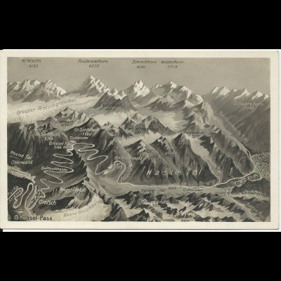 Schweiz, Hasle- u. Rhone Tal, ungebr. Bergpanorama AK m. Gletsch u. Oberwald