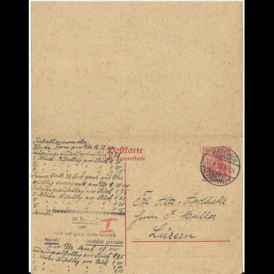DR P113, 10+10 Pf. Doppel Ganzsache, 1919 auslandsgebr. v. Manebach i.d. Schweiz