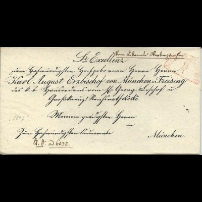 Bayern 1847, Roter HKS NEUMARKT Rott auf gedrucktem Bischofs Brief Karl August